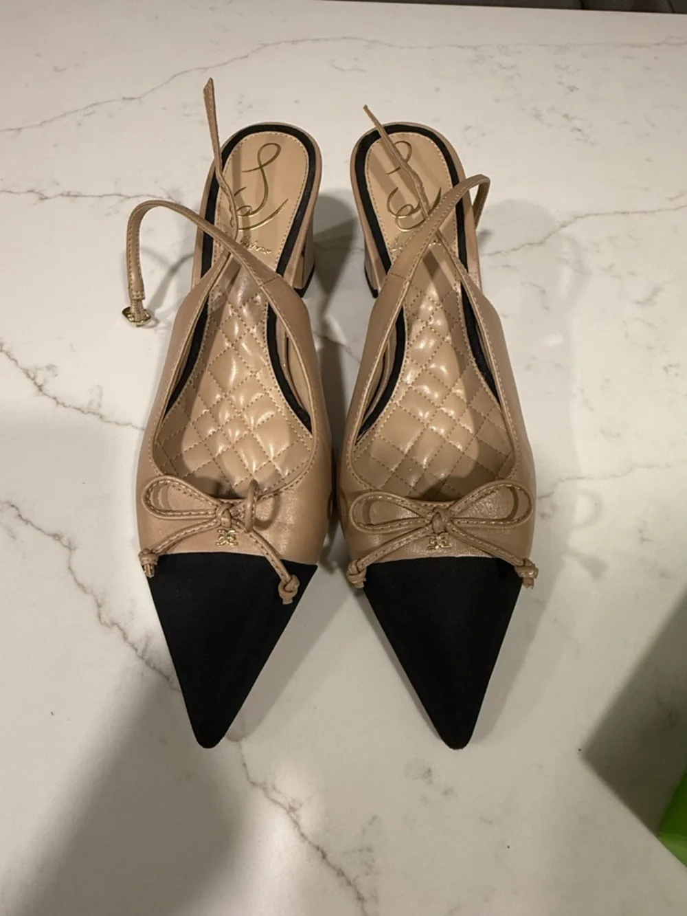Sam Edelman Beige and Black Pointed Slingback Heels with Bow